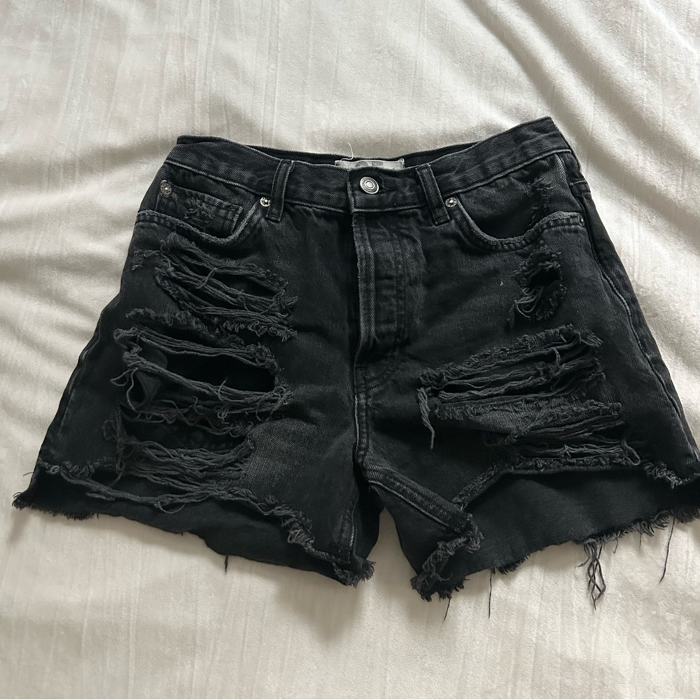 Free People We The Free Black High Waisted Denim Distressed Shorts
